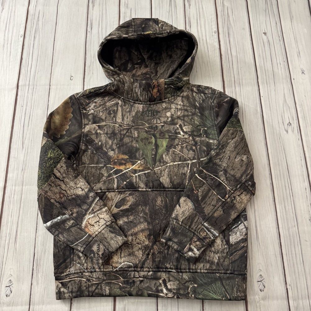 AFTCO Youth Camo Hoodie M 10-12 Mossy Oak Fishing Hunting Face Mask Boys